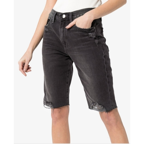 Imaan x Frame | Distressed Knee Length Bermuda Cut Off Gray Denim Shorts Size 24 - Picture 1 of 13